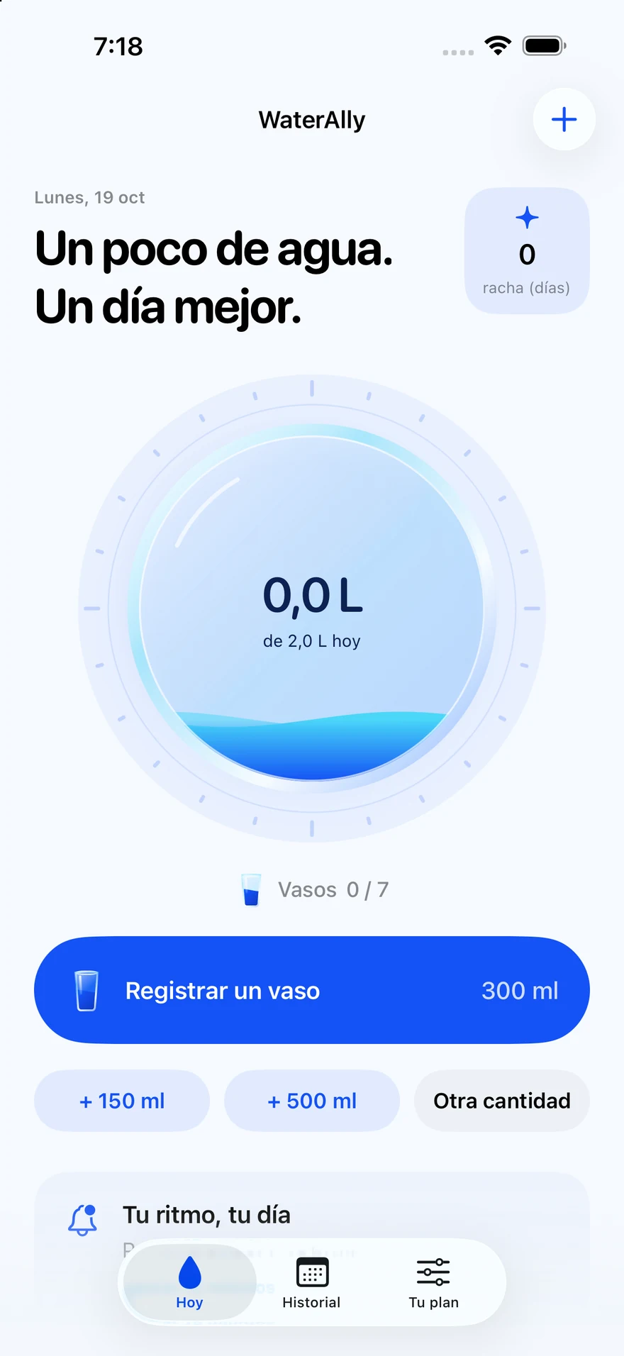 Real WaterAlly iPhone screen with water progress and a glass logging button, shown in Spanish